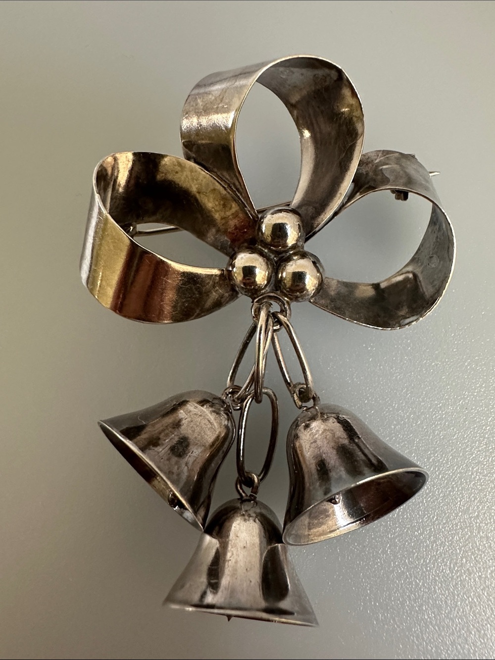 Vintage 925 Sterling Silver Bow and Bell Brooch